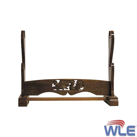 Walnut Two Swords Display Rack Stand with Carved Dragon